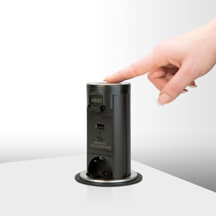 Pöytälevyyn asennettava pistorasiapylväs 3×230 V + USB-A + USB-C, musta