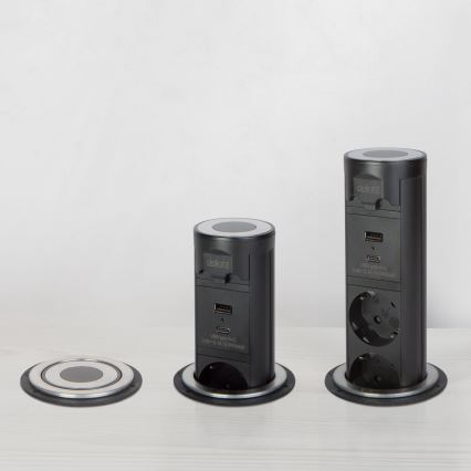Pöytälevyyn asennettava pistorasiapylväs 3×230 V + USB-A + USB-C, musta