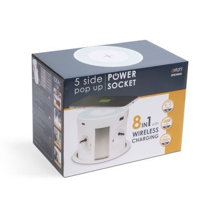 Pöytään kiinnitettävä pistorivipylväs langattomalla latauksella – 4×230 V + 2×USB-A + 2×USB-C, valkoinen