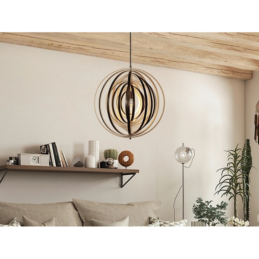 Puinen riippuvalaisin johdolla 1xE27/60W/230V halkaisija 50 cm massiivipuu/viilu/kumipuu