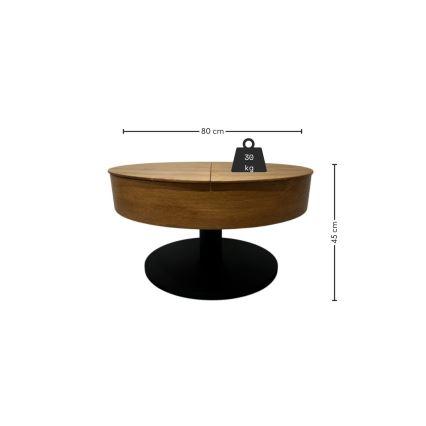 PURE-avattava sohvapöytä nostettavalla kannella, halkaisija 80 cm, tammi/musta