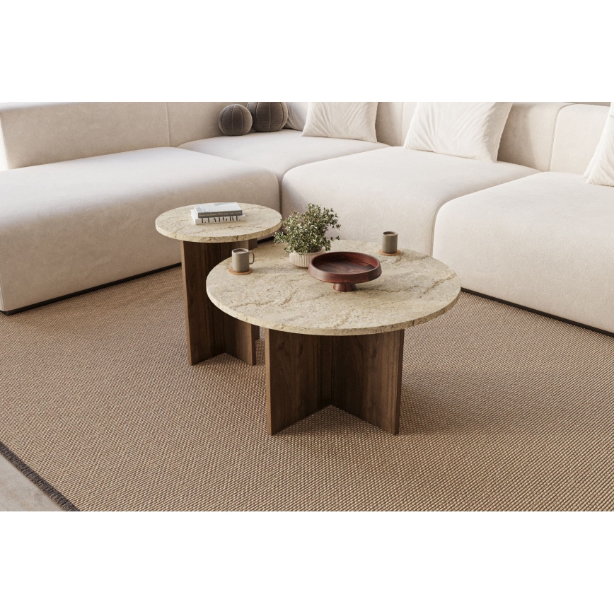 PURO-sohvapöytäsetti, 2 kpl, halkaisijat 40/70 cm, pähkinä/beige