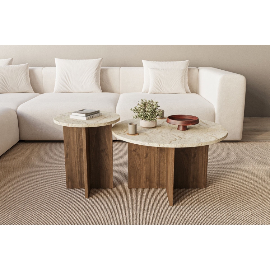 PURO-sohvapöytäsetti, 2 kpl, halkaisijat 40/70 cm, pähkinä/beige