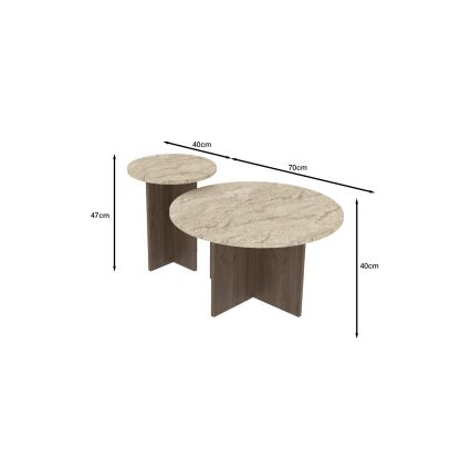 PURO-sohvapöytäsetti, 2 kpl, halkaisijat 40/70 cm, pähkinä/beige