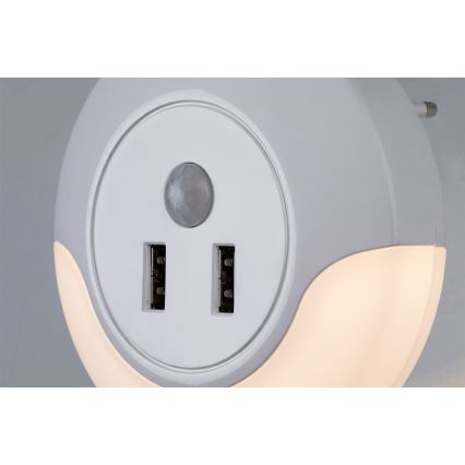 Rabalux - LED-yövalo pistorasiaan sensorilla 2xUSB LED/13,9W/230V 3000K
