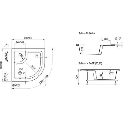Ravak A217001020 - Neljännesympyrän suihkuallas SABINA 90x90 cm valkoinen