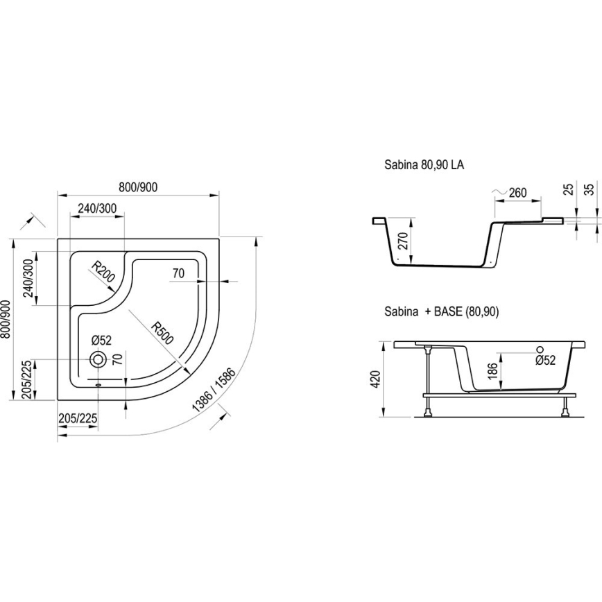 Ravak A217001020 - Neljännesympyrän suihkuallas SABINA 90x90 cm valkoinen