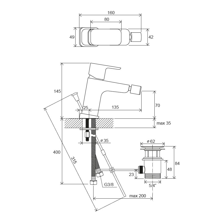 Ravak X070155 - Bideehana + FREE-tyhjennysventtiili, musta