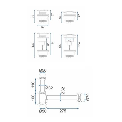 REA-A8541 - Pesualtaan sifoni CLICK-CLACK-poistolla, halkaisija 6,4 cm, ruusukulta