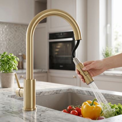 REA-B9842 - Kosketustoiminen keittiöhana ulosvedettävällä suihkupäällä FRESH TOUCH 37 cm 4xAA harjattu kulta