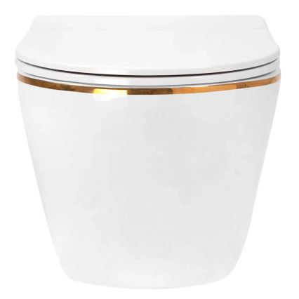 REA-C6806 - Seinään asennettava WC-istuin CARLO MINI TORNADO RIMLESS, istuinkannella, keraaminen/valkoinen/kultainen