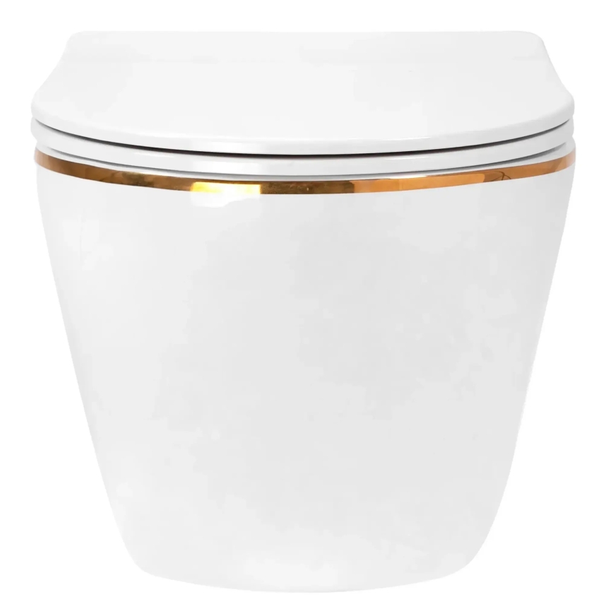 REA-C6806 - Seinään asennettava WC-istuin CARLO MINI TORNADO RIMLESS, istuinkannella, keraaminen/valkoinen/kultainen