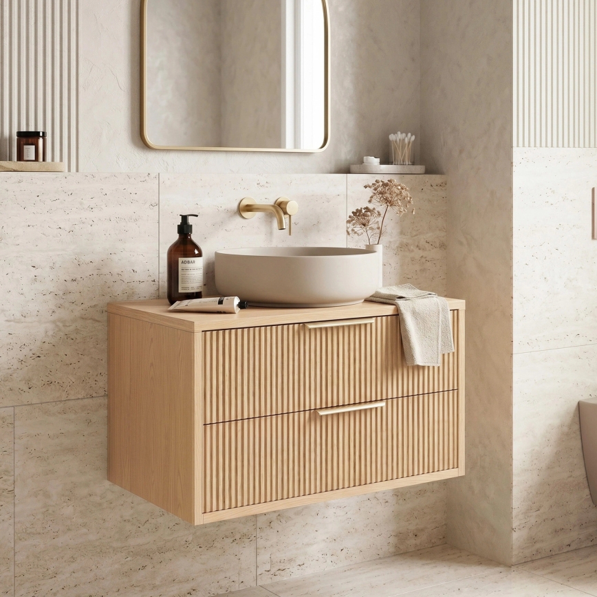 REA-M0409 - Seinään asennettava kylpyhuonekaappi pesualtaan alle MONO 80 x 48,5 cm, beige