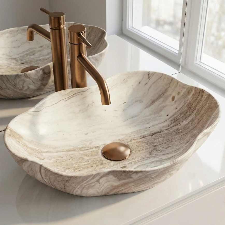 REA-U0618 - PEARL tason päälle asennettava pesuallas 38x50,5 cm keramiikka/beige/kiven jäljitelmä