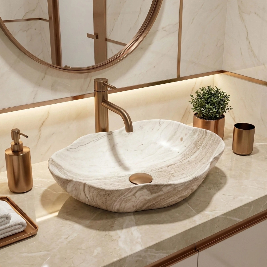 REA-U0618 - PEARL tason päälle asennettava pesuallas 38x50,5 cm keramiikka/beige/kiven jäljitelmä