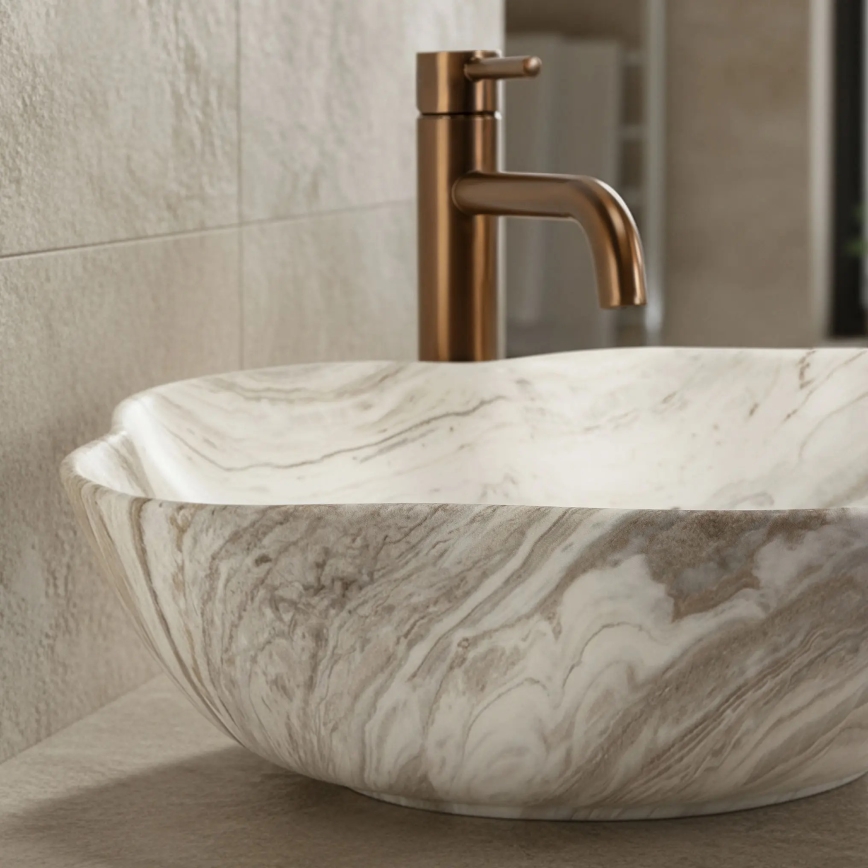 REA-U0618 - PEARL tason päälle asennettava pesuallas 38x50,5 cm keramiikka/beige/kiven jäljitelmä