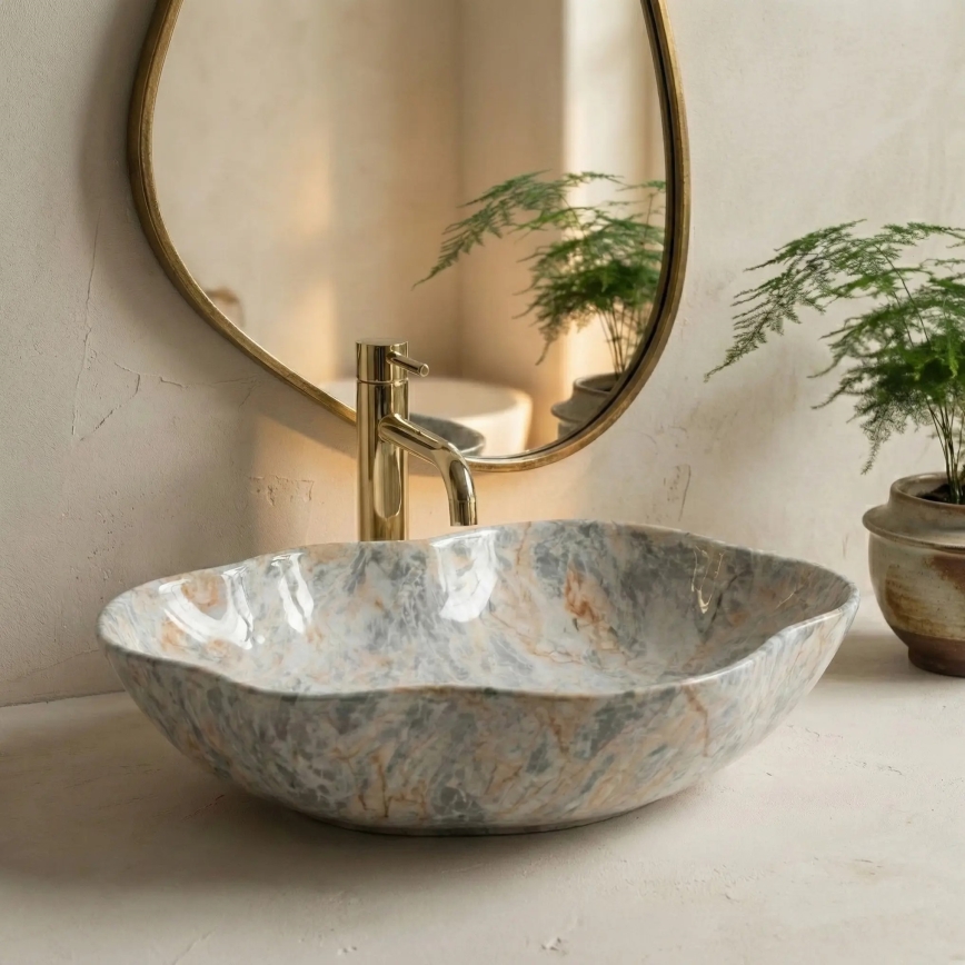 REA-U0620 - Tason päälle asennettava PEARL-pesuallas 38x50,5 cm keramiikka/harmaa/beige/kivijäljitelmä