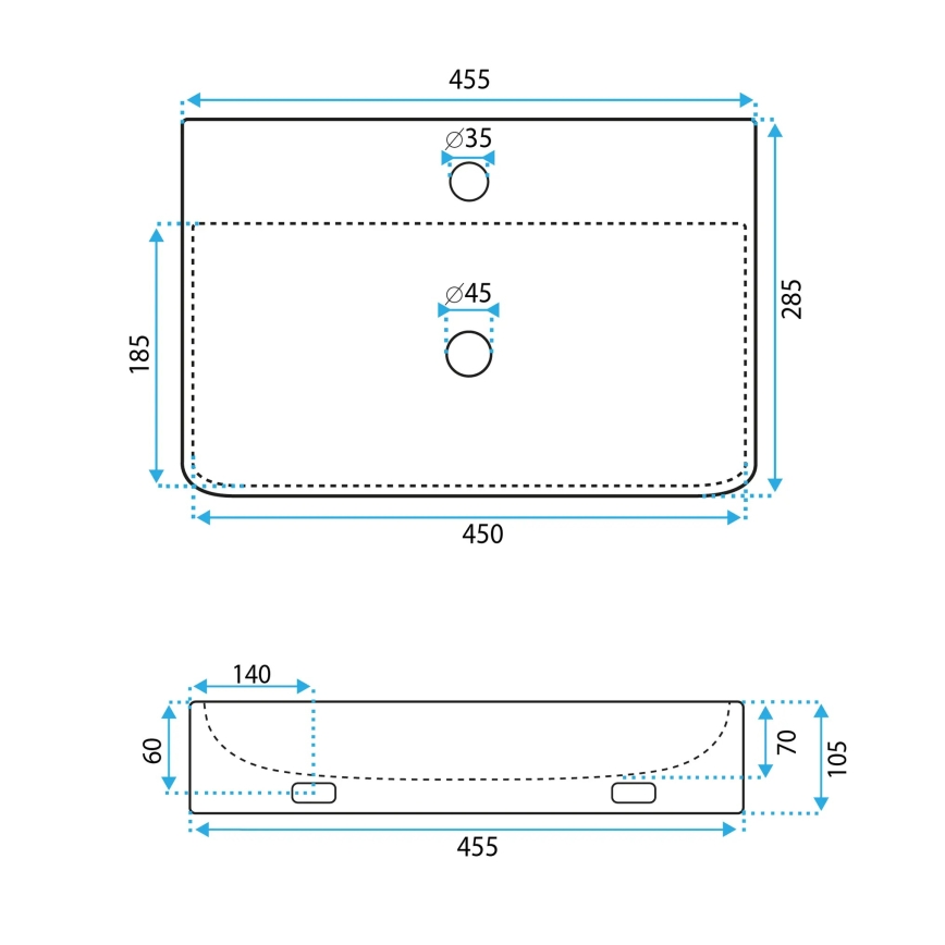 REA-U0630 - Pöytätasolle/seinään asennettava pesuallas NAOMI 28,5x45,5 cm keraaminen/valkoinen