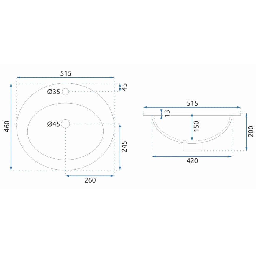 REA-U4122 - Upotettava pesuallas DALIA 46x51,5 cm keramiikka/kiiltävä valkoinen