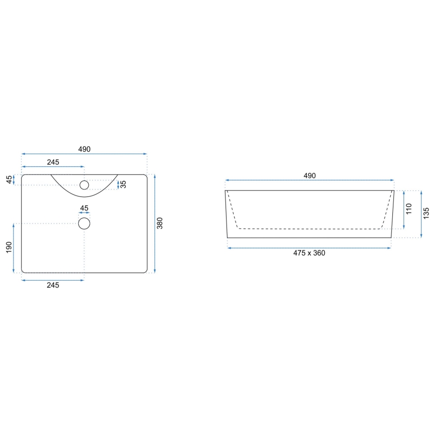 REA-U6524 - KELLY 38x49 cm tasoon asennettava pesuallas, keraaminen/kiiltävä valkoinen