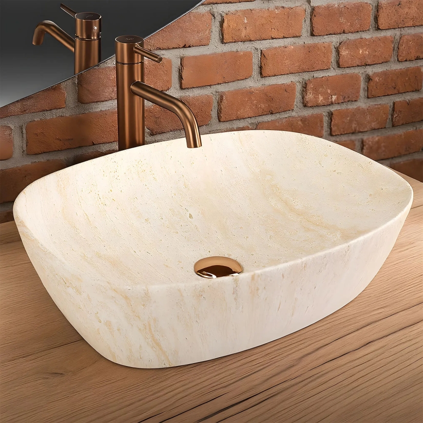 REA-U6689 - Tasoon asennettava pesuallas FREJA 39,5 x 51 cm keramiikka/beige/kivijäljitelmä