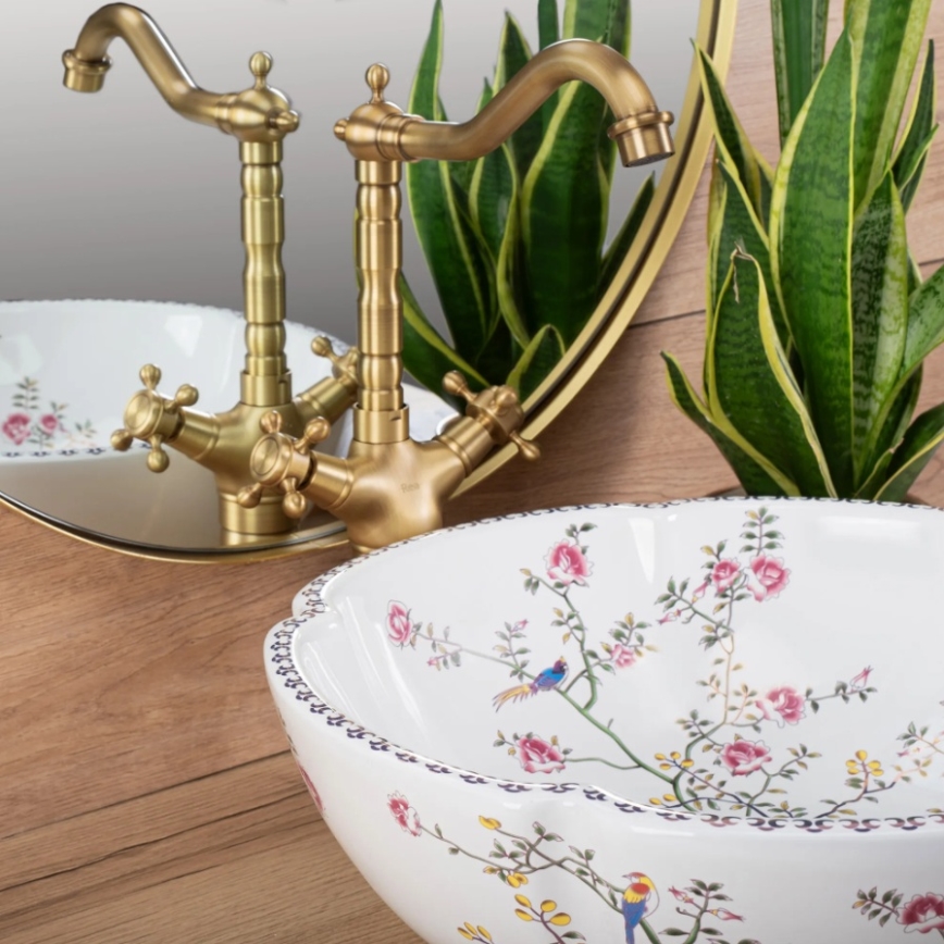 REA-U7504 - Pöytätason pesuallas FELICIA Ø 42,5 cm, keramiikka/kukkakuvio