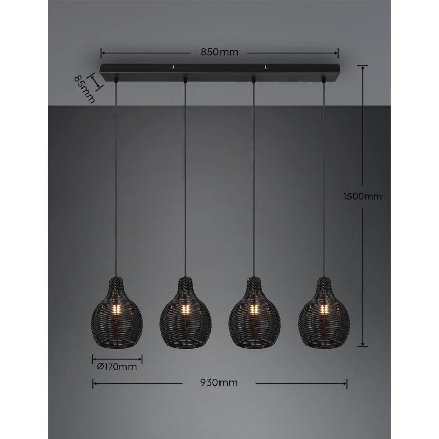 Reality - Riippuvalaisin johdolla SPROUT 4xE14/30W/230V, musta/rottinki