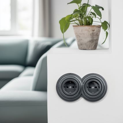Reblig - Kaksoispistorasia retro-tyyliin kehyksellä SCHUKO 230 V antrasiitti