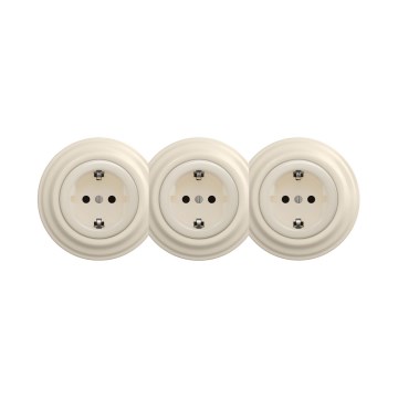 Reblig - Kolmois retro-pistorasia kotikäyttöön kehyksellä SCHUKO 230V beige