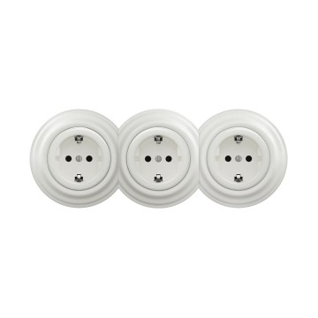 Reblig - Kolmoispistorasia, retro, kehyksellä, SCHUKO 230V, keraaminen, valkoinen