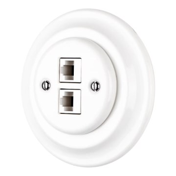 Reblig - posliininen retro-Ethernet-pistorasia, kehys mukana, 2-porttinen CAT5e, valkoinen
