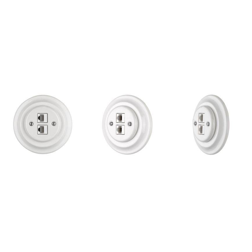 Reblig - posliininen retro-Ethernet-pistorasia, kehys mukana, 2-porttinen CAT5e, valkoinen