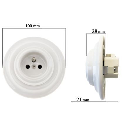 Reblig - Posliininen retro-pistorasia kotikäyttöön, kehyksellä, 250 V/16 A, valkoinen