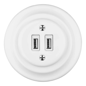 Reblig - posliininen retrotyylinen USB-virtapistorasia kehyksellä, 2x USB-A, valkoinen