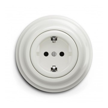 Reblig - Retro-seinäpistorasia kehyksellä SCHUKO 230V/16A, keraaminen, valkoinen