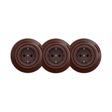 Reblig - Retro-tyylinen kolmoispistorasia kotikäyttöön, kehys, SCHUKO 230 V, ruskea