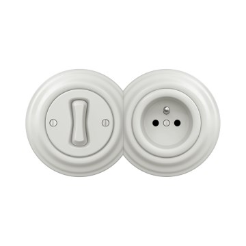 Reblig - Retro yksinapainen kytkin nro 1 ja 230V pistorasia kehyksellä, keramiikanvalkoinen