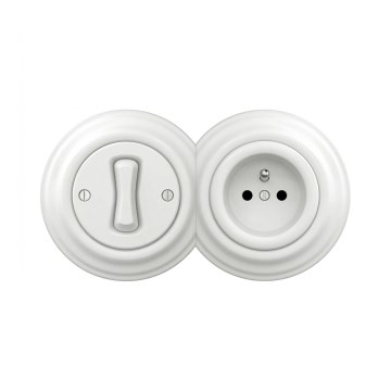 Reblig - Retro yksinapainen kytkin nro 1 ja 230V pistorasia lumivalkoisella kehyksellä