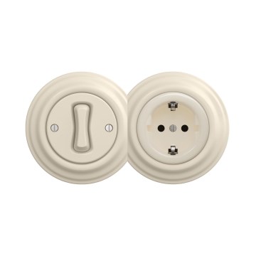 Reblig - Retro yksinapainen kytkin nro 1 ja SCHUKO 230V pistorasia kehyksellä, beige