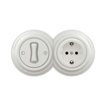 Reblig - Retro-yksinapainen kytkin nro 1 ja SCHUKO 230V -pistorasia, valkoinen keraaminen kehys