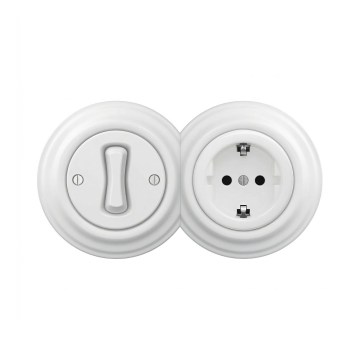 Reblig - Retro yksinapainen kytkin nro 1 ja SCHUKO-pistorasia 230 V kehyksellä, lumivalkoinen