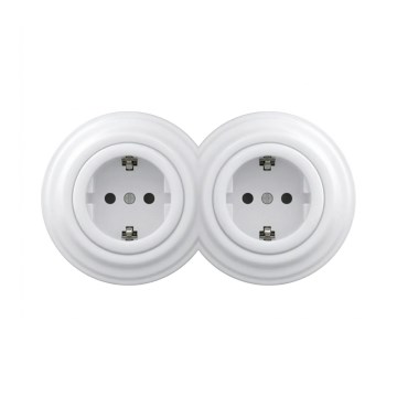 Reblig - Retrotyylinen kaksoispistorasia kotikäyttöön kehyksellä SCHUKO 230 V, lumivalkoinen