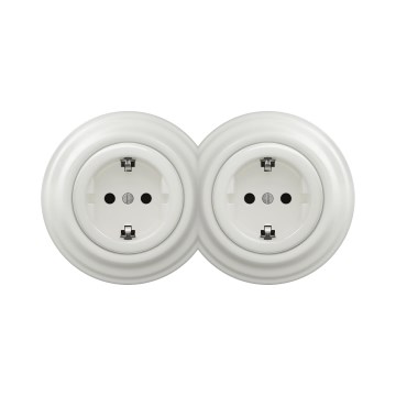 Reblig -Retrotyylinen kaksoispistorasia kotitalouskäyttöön kehyksellä SCHUKO 230V keraaminen valkoinen