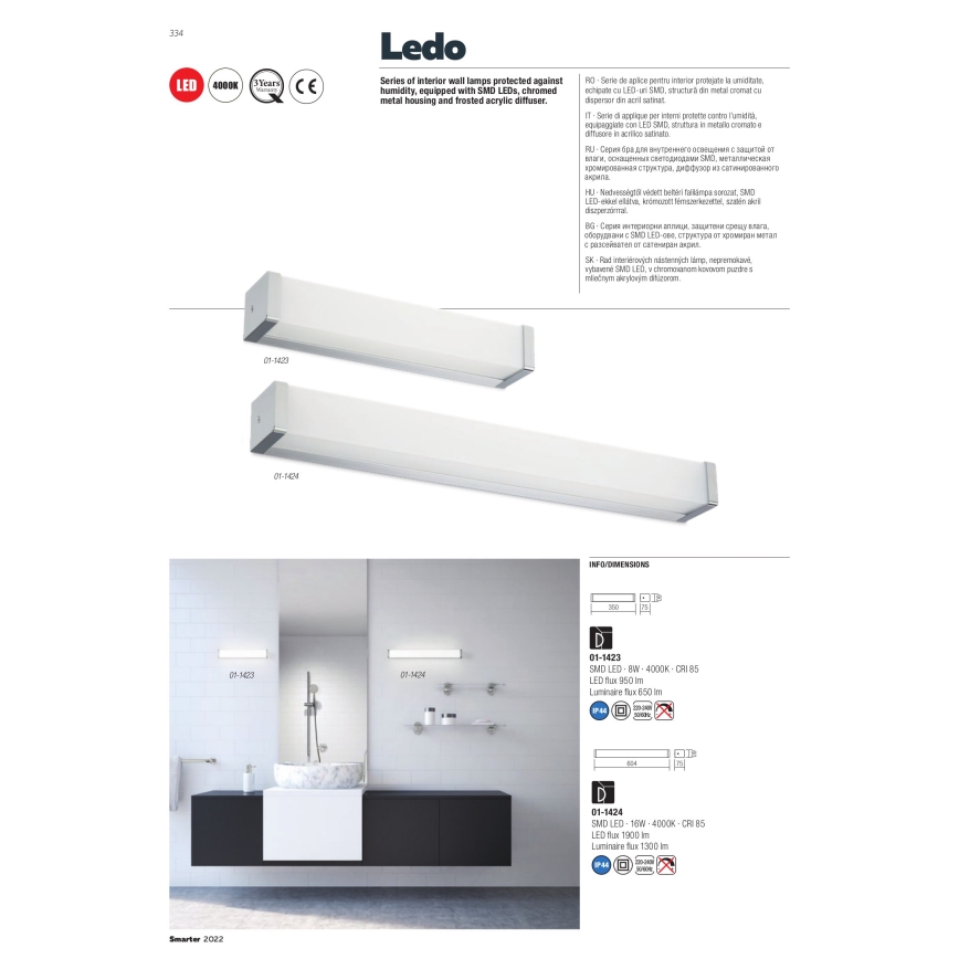 Redo 01-1424 - LEDO LED/16W/230V IP44 kylpyhuoneen seinävalaisin
