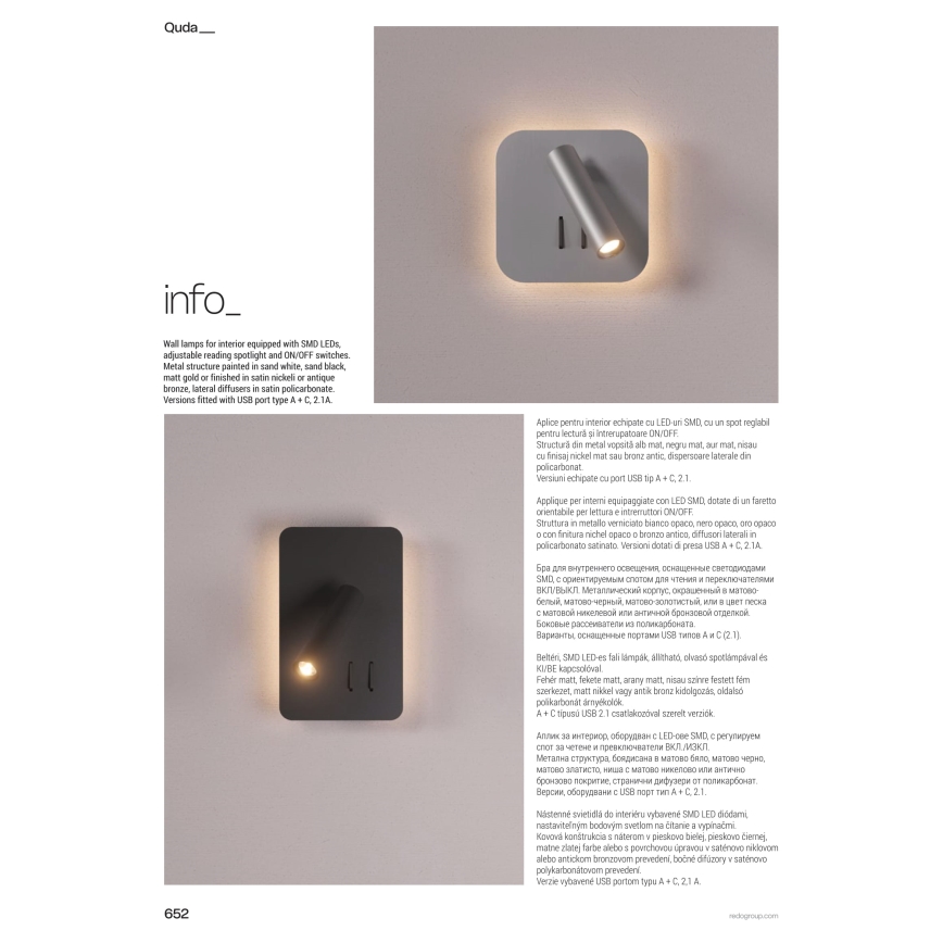 Redo 01-1492 - LED-seinävalaisin QUDA LED/6W/230V + LED/3W CRI 90 musta