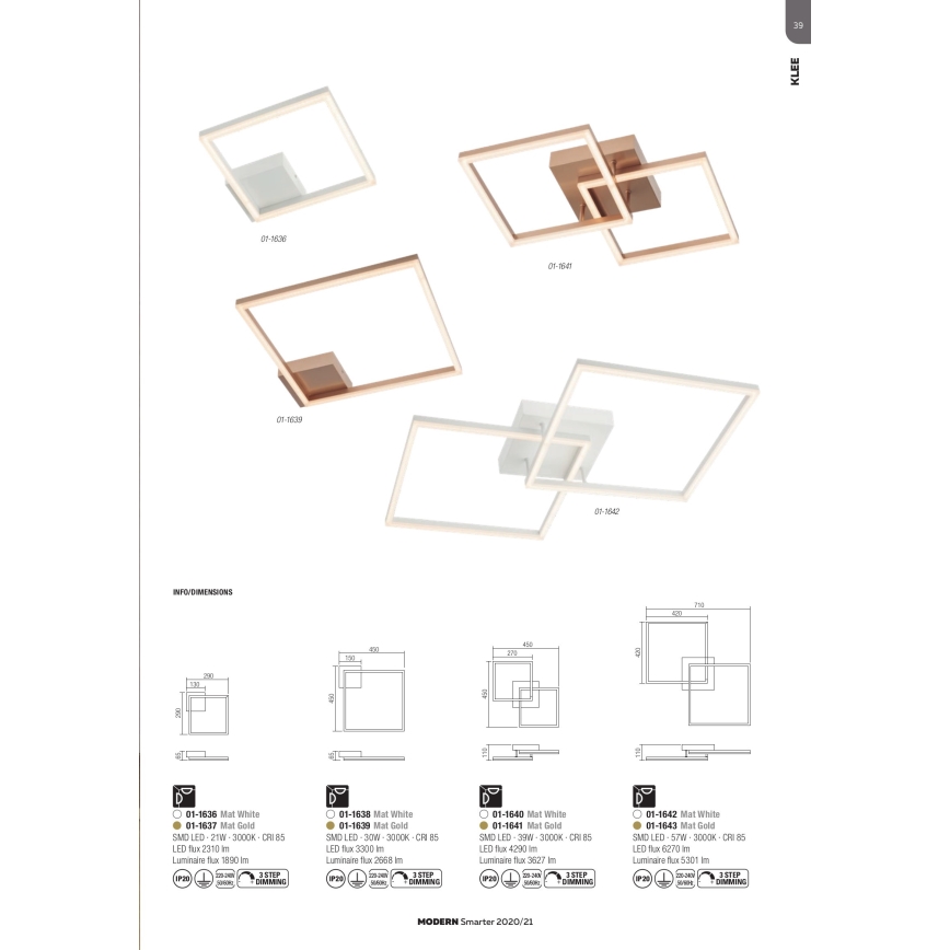 Redo 01-1638 - himmennettävä kattovalaisin KLEE LED/30W/230V 45x45 cm valkoinen