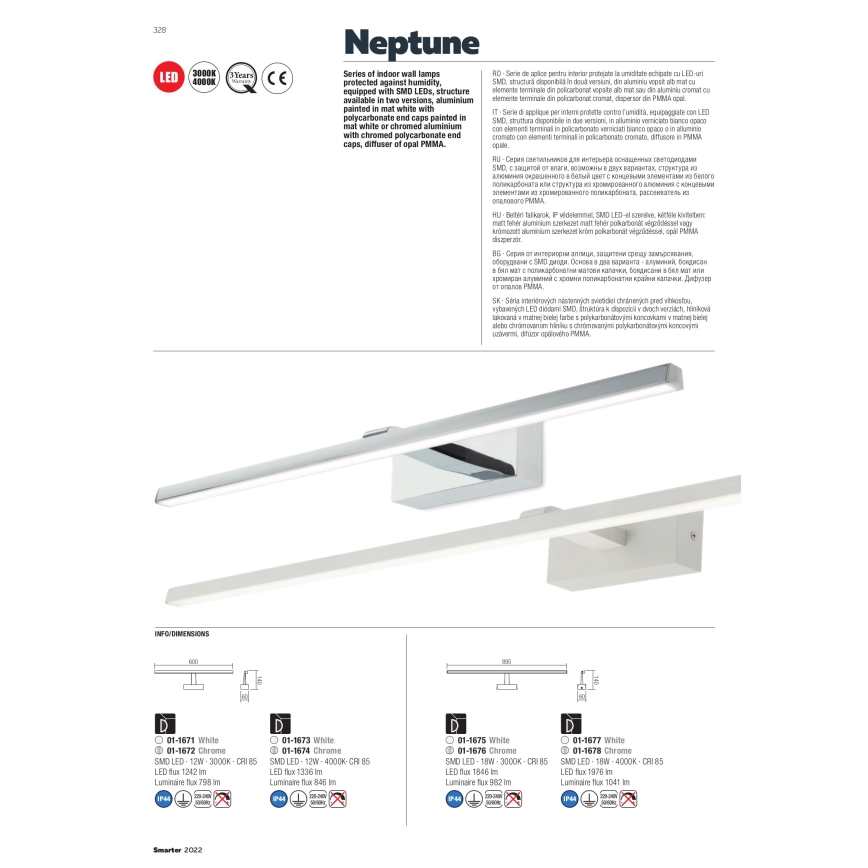 Redo 01-1673 - NEPTUNE LED - kylpyhuoneen peilivalaisin, 12 W, 230 V, 60 cm, IP44, valkoinen