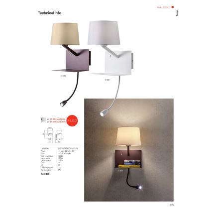 Redo 01-1807 - TOMO LED-seinävalaisin säädettävällä lukuvalolla, 1xE27/42W/230V + LED/3W/230V, valkoinen