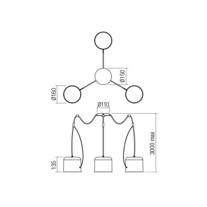 Redo 01-1826 - Kattokruunu johdossa DODO 3xE27/15W/230V hämähäkki
