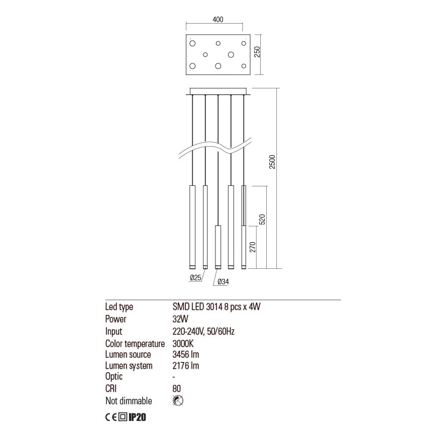 Redo 01-2046 - LED-kattokruunu johdossa MADISON 8xLED/4W/230V kulta